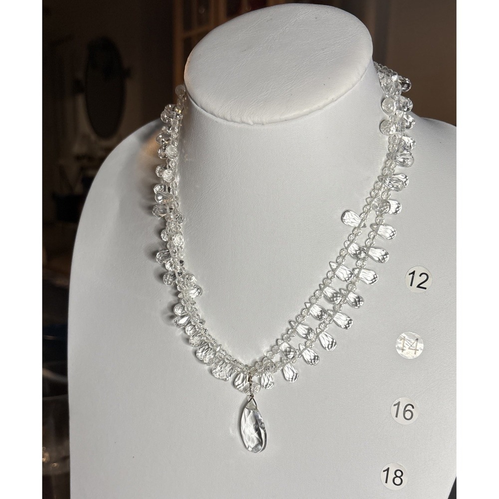 Clear Faceted Glass Teardrop Fringe Multistrand Statement Pendant Necklace